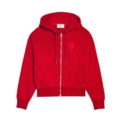 AMI PARIS Red Heart Logo Embroidered Zip Hoodie Jacket Unisex Casual Wear USW402747-600