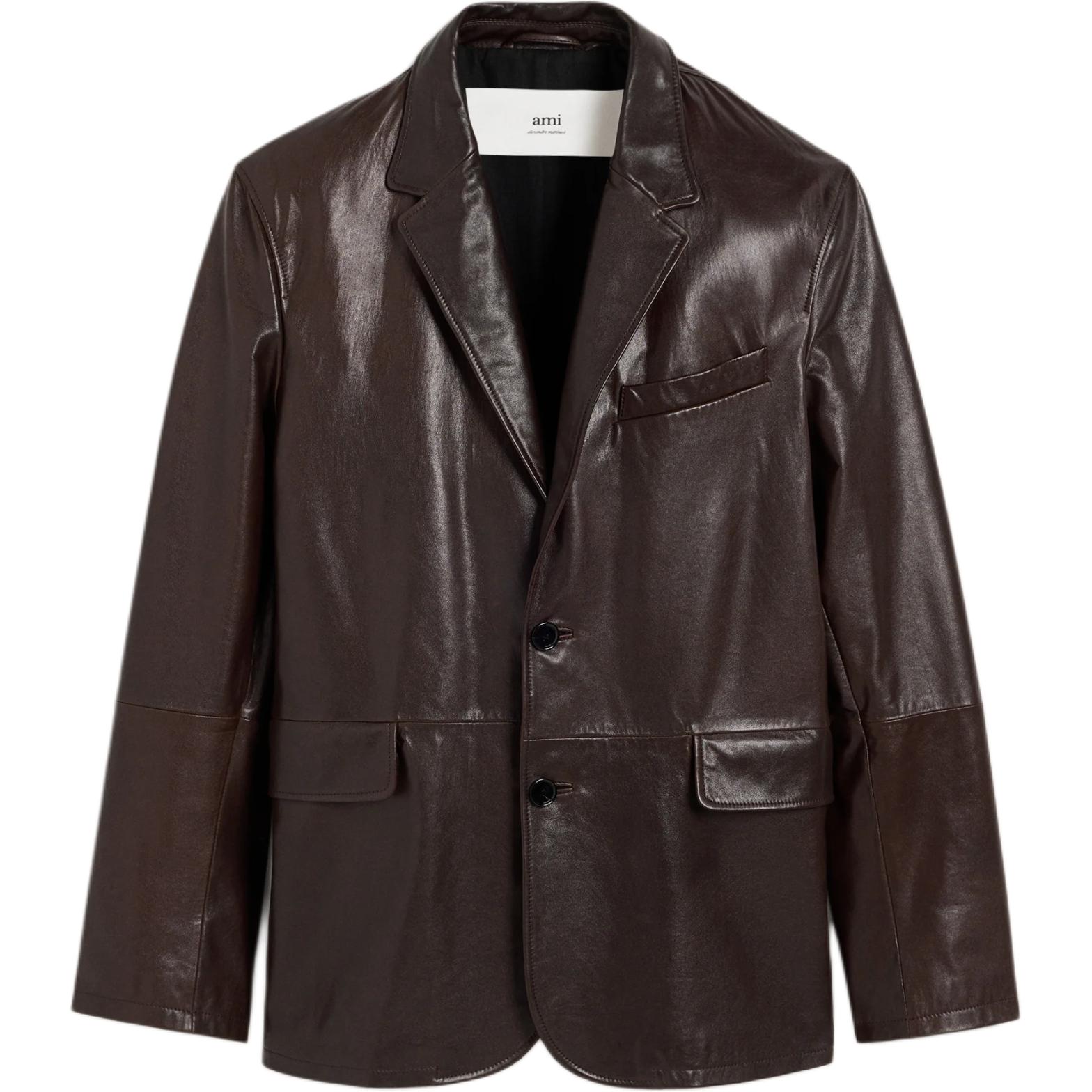 AMI PARIS Solid Brown Long Sleeve Button-Up Jacket HBV109-LH0043-221