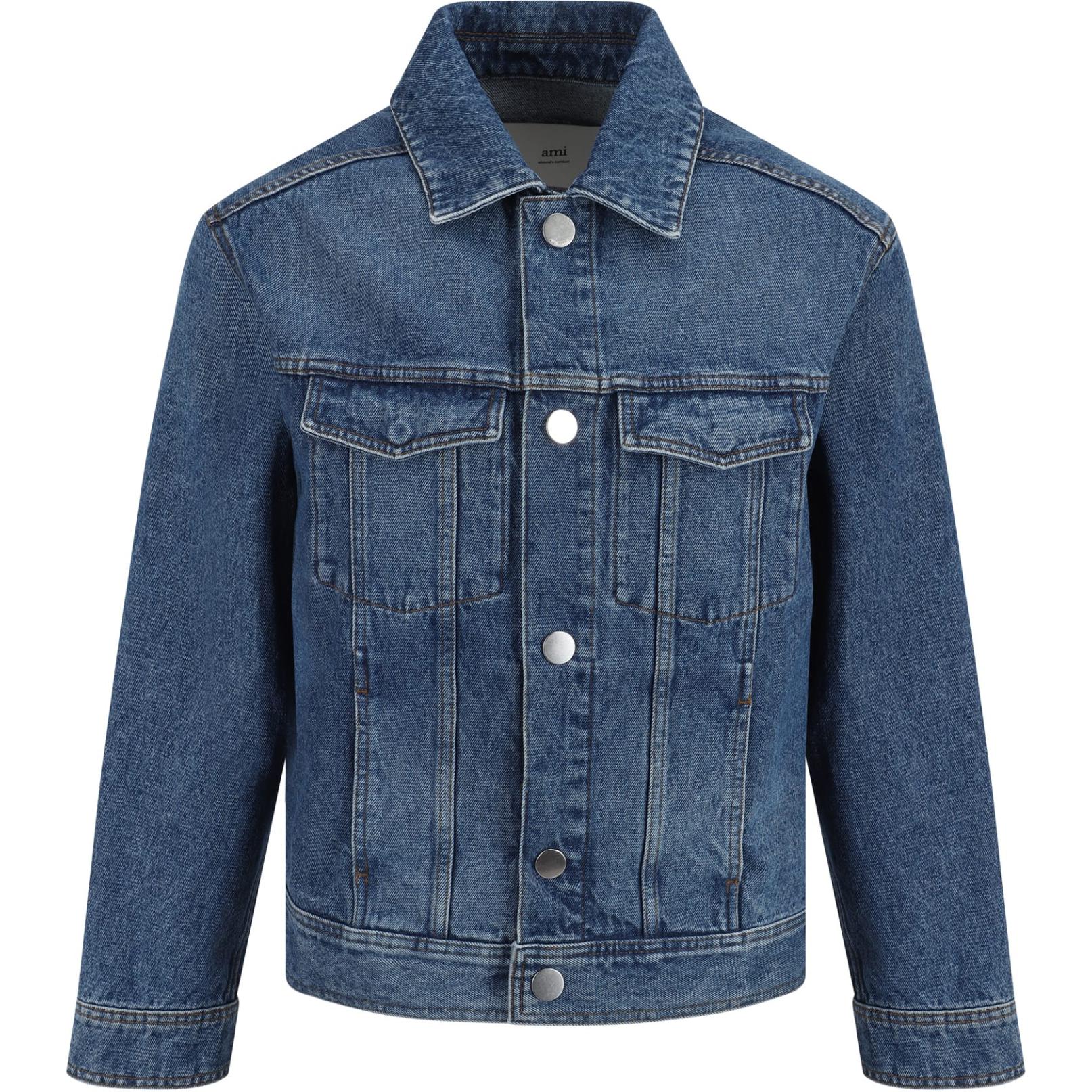 AMI PARIS Solid Color Denim Jacket Men’s Blue Long-Sleeve Outerwear HJK257DE0031-480