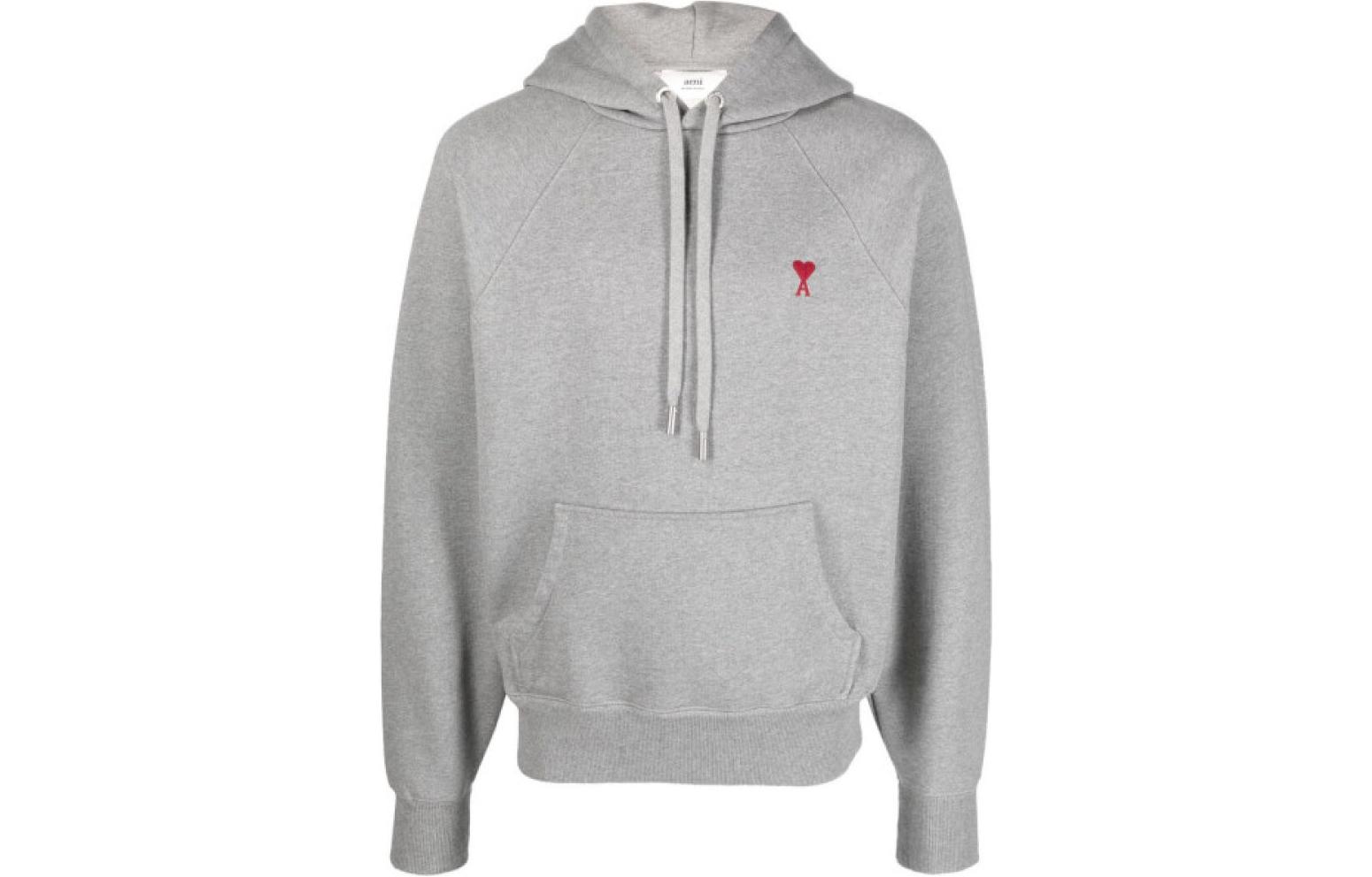 AMI PARIS Solid Color Hoodie Gray Long Sleeve Pullover USW217740-055