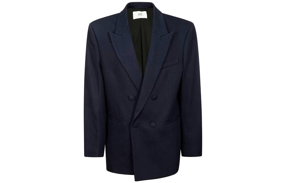 AMI PARIS Solid Double-Breasted Blazer Jacket - Blue UBV201CO0011-491