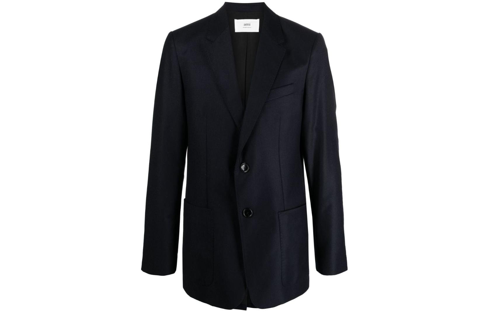 AMI Paris Solid Navy Blue Button-Up Blazer Jacket for Men. H23HBV005WV0-023