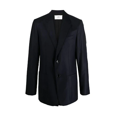 AMI Paris Solid Navy Blue Button-Up Blazer Jacket for Men. H23HBV005WV0-023