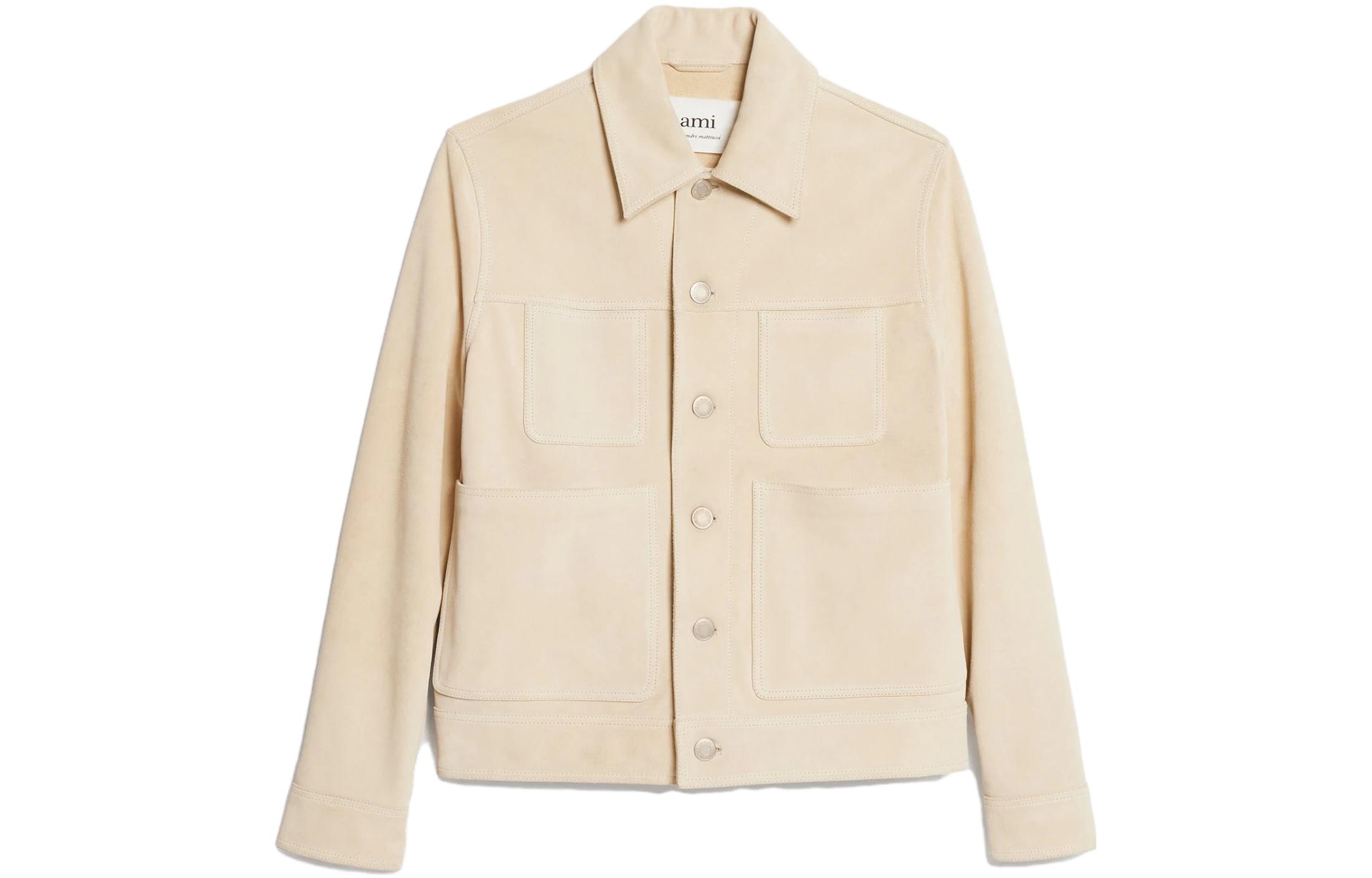 AMI Paris Solid Suede Button-Up Collared Long-Sleeve Jacket for Men. HJK224LH0003-709