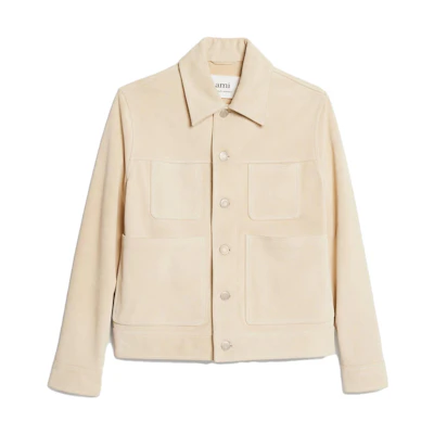AMI Paris Solid Suede Button-Up Collared Long-Sleeve Jacket for Men. HJK224LH0003-709