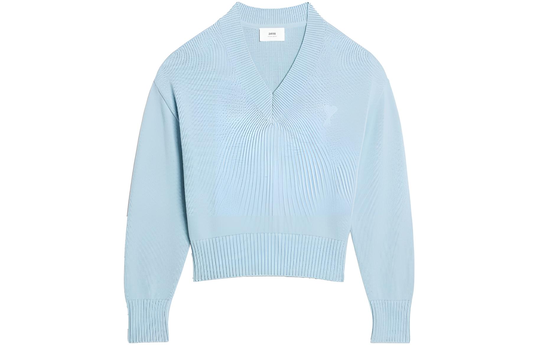 AMI PARIS Solid V-Neck Cotton Wool Blend Pullover Sweater Unisex UKS208016-464