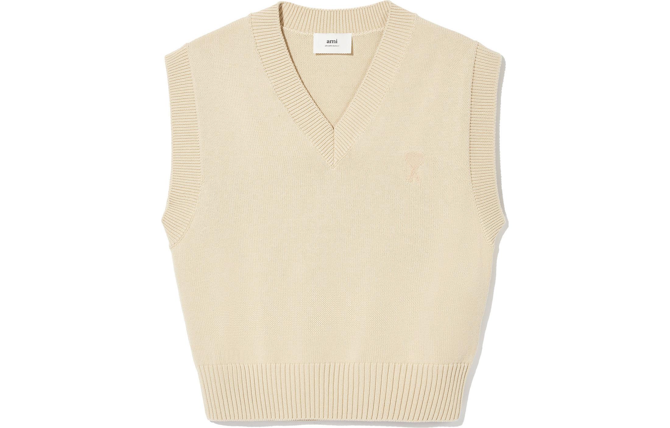 AMI Paris Solid V-Neck Ribbed Comfortable Tank Top Beige Mens. UKS708016714