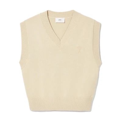 AMI Paris Solid V-Neck Ribbed Comfortable Tank Top Beige Mens. UKS708016714