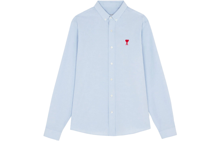 AMI Paris SS21  Light Blue Cotton Oxford Shirt with Heart Embroidery. BFHC01345-454