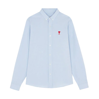 AMI Paris SS21 Light Blue Cotton Oxford Shirt with Heart Embroidery. BFHC01345-454