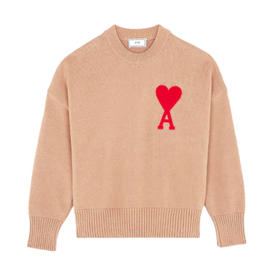 AMI PARIS SS21 Big Heart Logo Crewneck Sweater Beige Unisex Relaxed Fit. E21HK009016-250