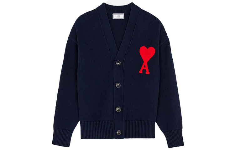 AMI PARIS SS21 Navy Blue  V-Neck Sweater with Heart Logo Embroidery. E21HK303016-410