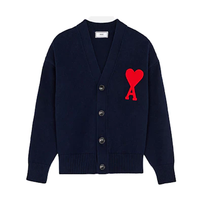 AMI PARIS SS21 Navy Blue V-Neck Sweater with Heart Logo Embroidery. E21HK303016-410