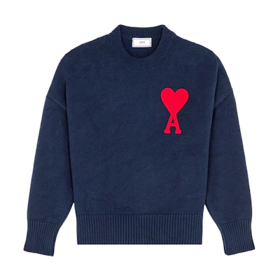 AMI Paris SS21 Navy Blue Oversized Heart Logo Knit Sweater Menswear E21HK009016-410