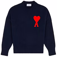 AMI Paris SS21 Navy Blue Oversized Knit Sweater with Red Heart Logo Unisex. E21HK009-016 AMI Paris SS21 Navy Blue Oversized Knit Sweater with Red Heart Logo Unisex. E21HK009-016