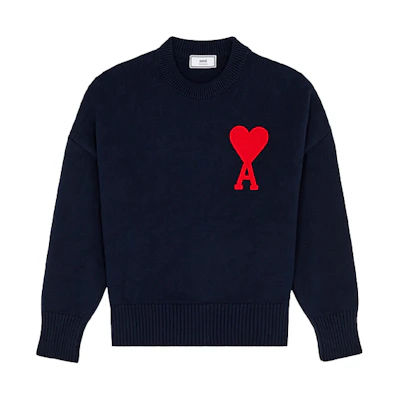 AMI Paris SS21 Navy Blue Oversized Knit Sweater with Red Heart Logo Unisex. E21HK009-016