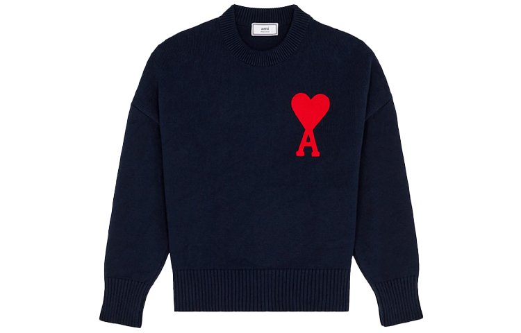 AMI Paris SS21 Navy Blue Oversized Knit Sweater with Red Heart Logo Unisex. E21HK009-016 圖 2