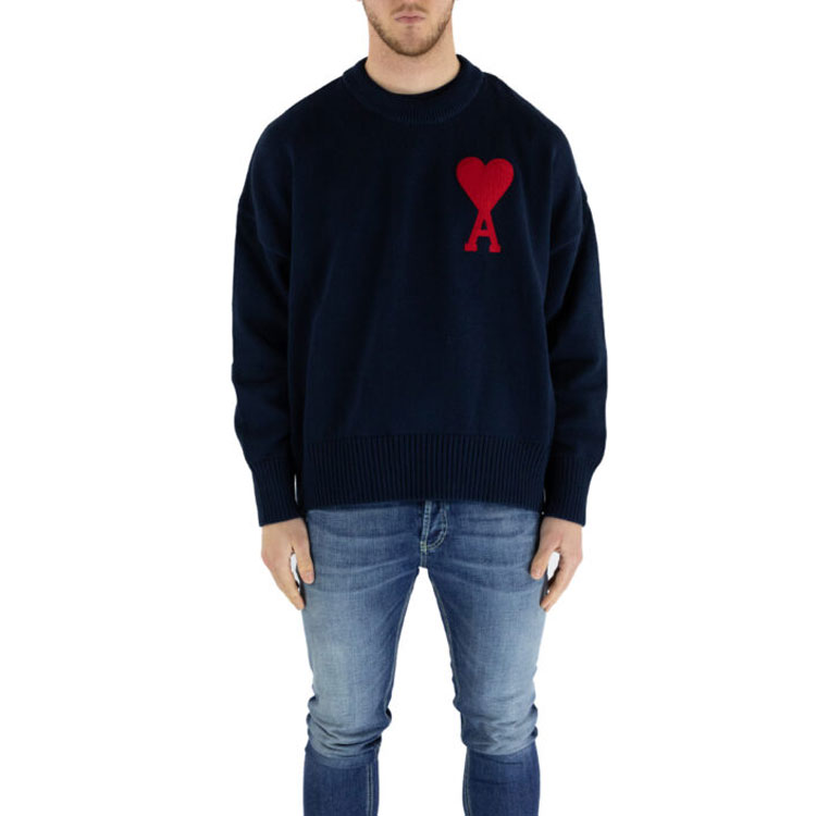 AMI Paris SS21 Navy Blue Oversized Knit Sweater with Red Heart Logo Unisex. E21HK009-016 圖 3