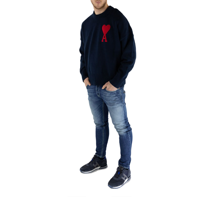 AMI Paris SS21 Navy Blue Oversized Knit Sweater with Red Heart Logo Unisex. E21HK009-016 圖 5