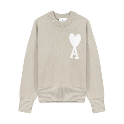 AMI PARIS SS22 Beige Heart Logo Crewneck Knit Sweater. UKS003-016252
