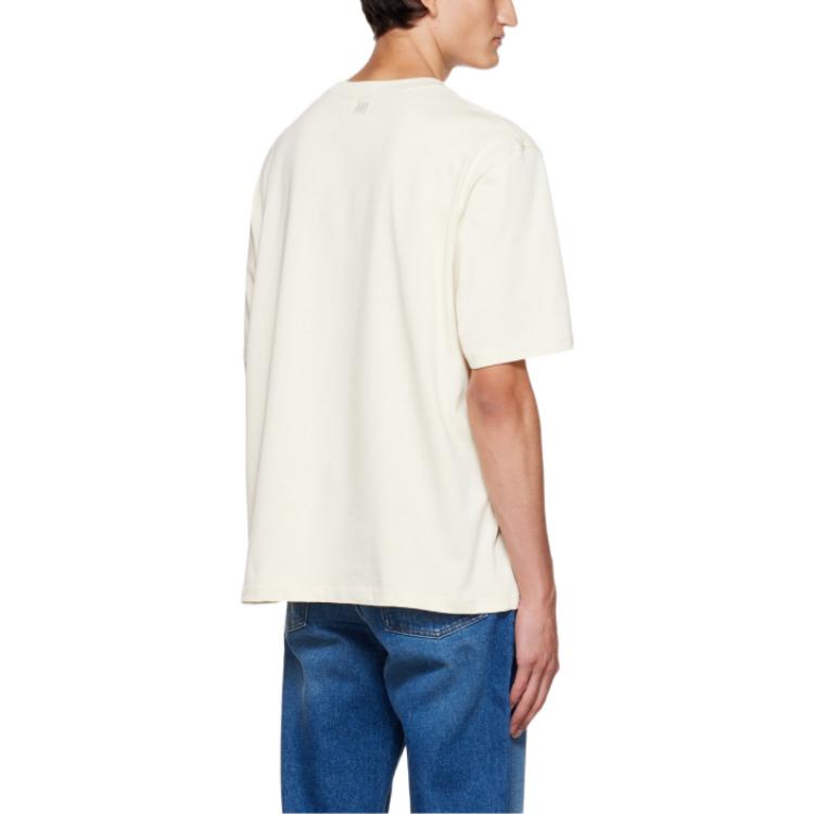 Shop AMI Paris SS22 Baju T-Shirt Leher Bulat Putih Sulam Hati SPEUTS022726-150