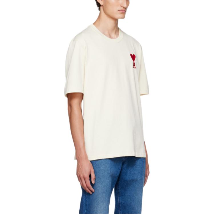 Purchase AMI Paris SS22 Baju T-Shirt Leher Bulat Putih Sulam Hati SPEUTS022726-150