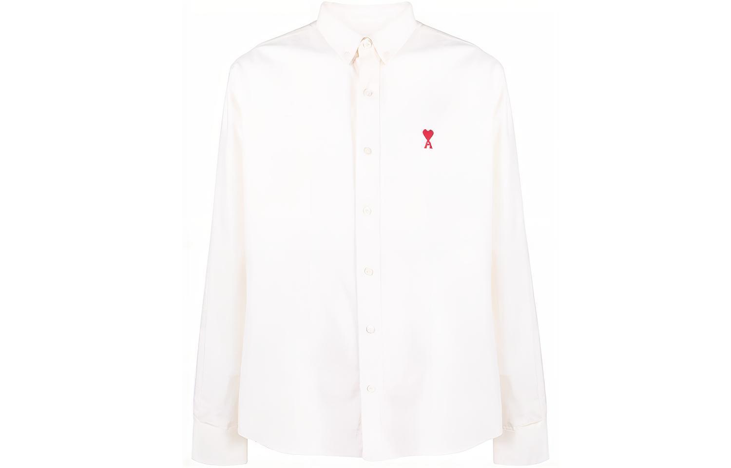 AMI Paris SS22 Ami De Coeur White Relaxed Fit Long Sleeve Shirt with Heart Logo. BFHSH113480-100