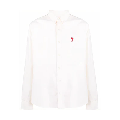 AMI Paris SS22 Ami De Coeur White Relaxed Fit Long Sleeve Shirt with Heart Logo. BFHSH113480-100