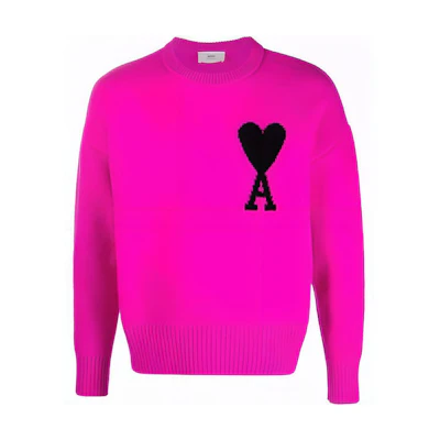 AMI Paris SS22 Big Heart Logo Wool Crewneck Sweater Unisex Dragon Fruit Color. UKS002018-629