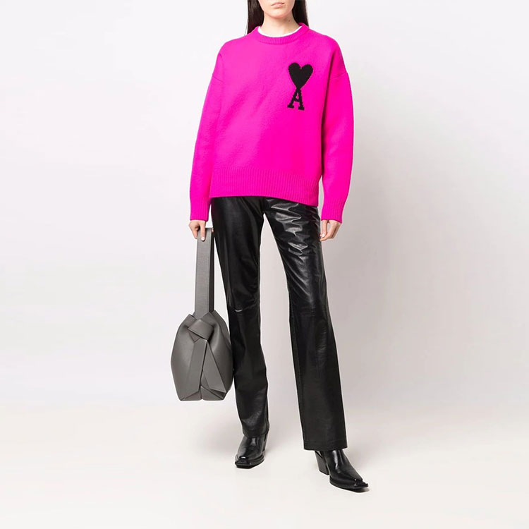 AMI Paris SS22 Big Heart Logo Wool Crewneck Sweater Unisex Dragon Fruit Color. UKS002018-629 圖 3