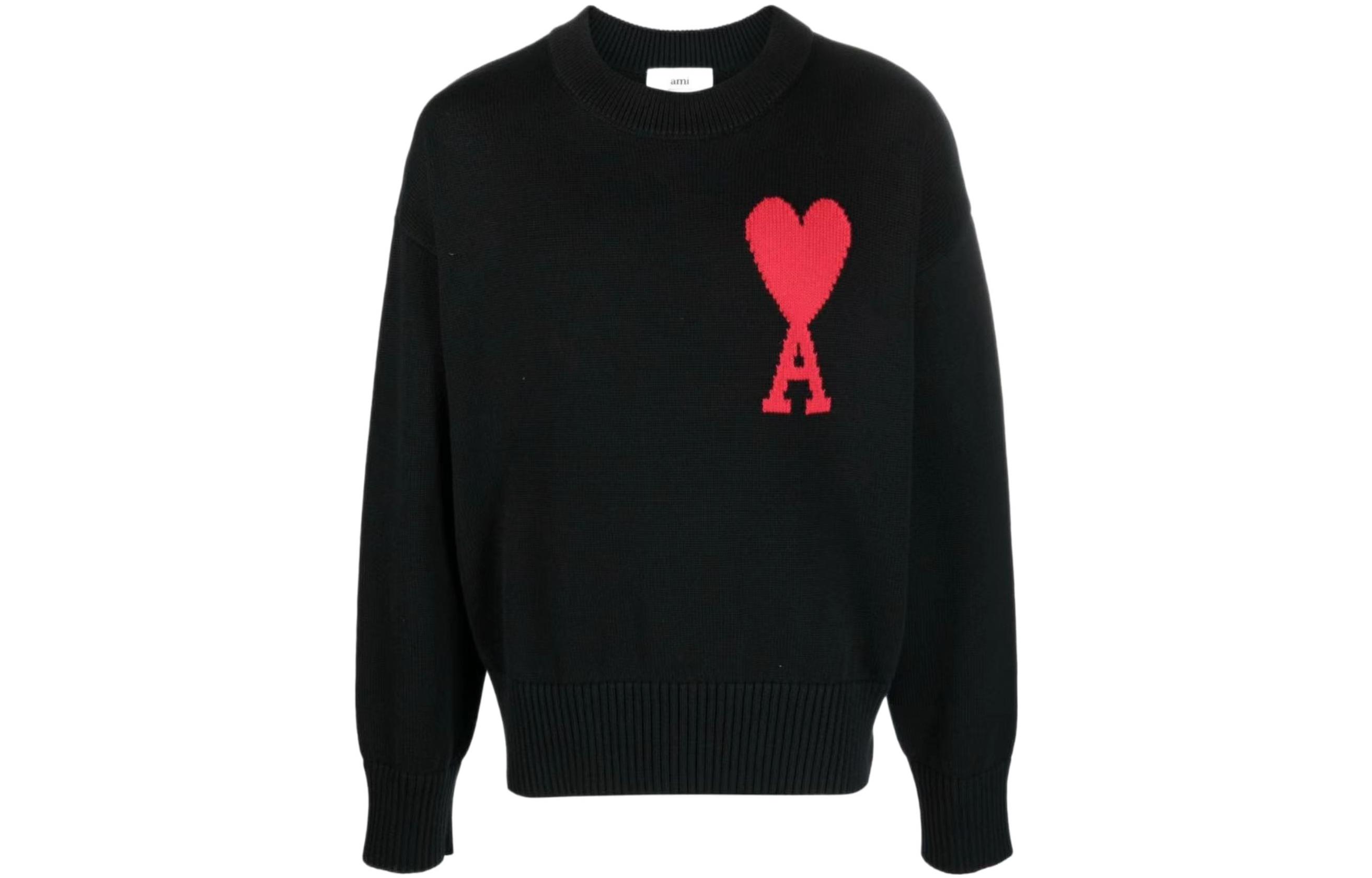 AMI Paris SS22 Black Crewneck Sweater with Red Heart Logo Unisex Fit. UKS003016-009