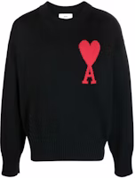 AMI Paris SS22 Black Crewneck Sweater with Red Heart Logo Unisex Fit. UKS003016-009 AMI Paris SS22 Black Crewneck Sweater with Red Heart Logo Unisex Fit. UKS003016-009