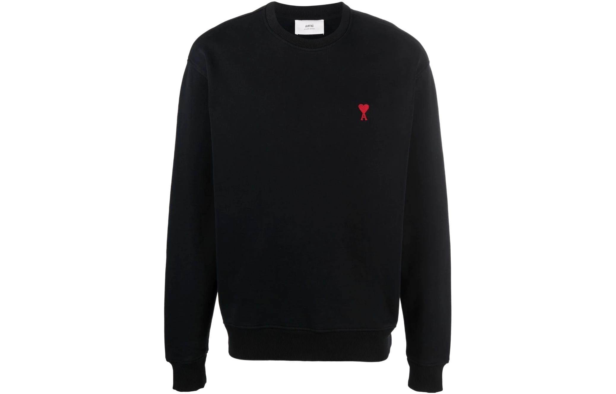 AMI PARIS SS22 Black Crewneck Sweatshirt with Red Heart Embroidery Unisex. BFUSW001730-001
