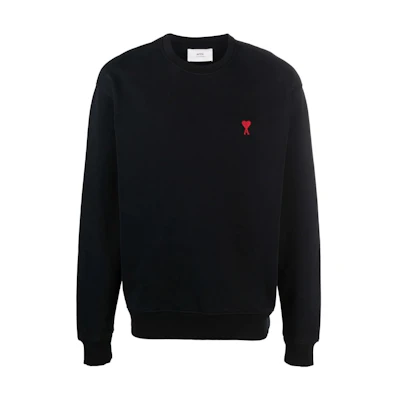 AMI PARIS SS22 Black Crewneck Sweatshirt with Red Heart Embroidery Unisex. BFUSW001730-001
