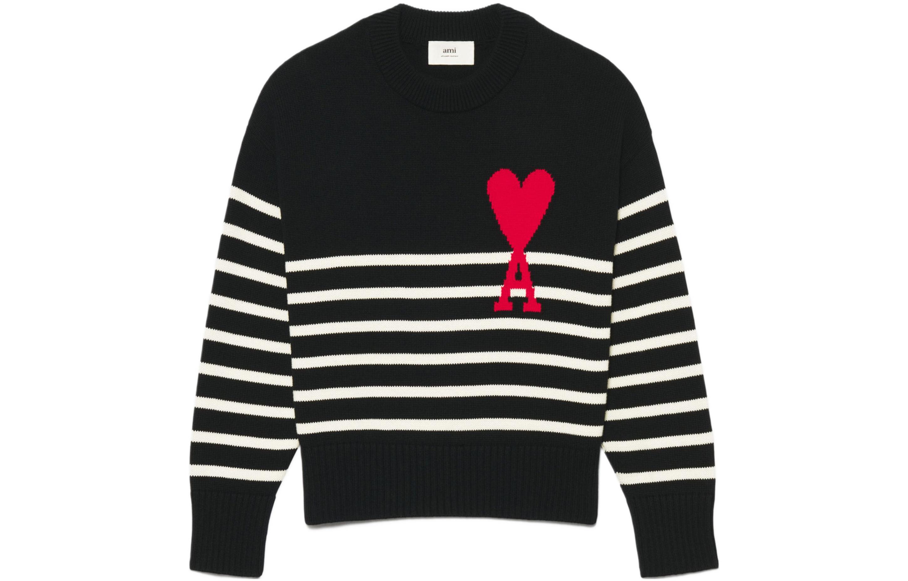 AMI Paris SS22 Black Heart Logo Knitted Striped Pullover Sweater for Men. UKS004-016958