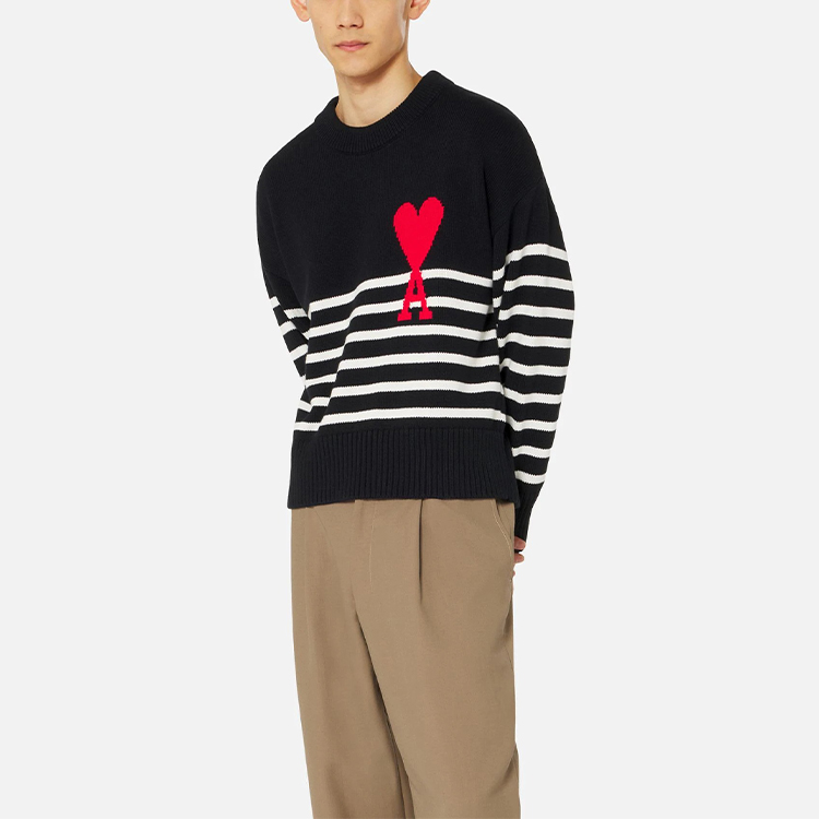 AMI Paris SS22 Black Heart Logo Knitted Striped Pullover Sweater for Men. UKS004-016958 圖 4