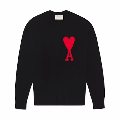 AMI Paris SS22 Black Oversized Wool Sweater with Red Heart Logo - Unisex Style UKS002018-009
