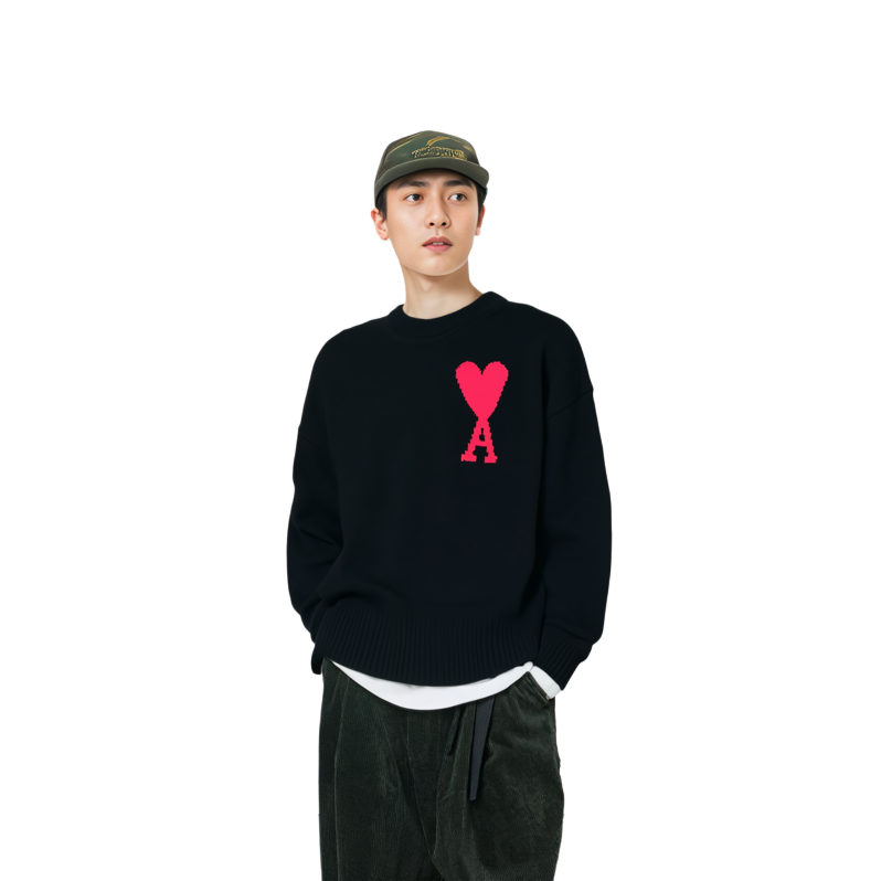 Sizing AMI Paris SS22 黑色大心紅標羊毛寬鬆毛衣 - 男女同款 UKS002018-009