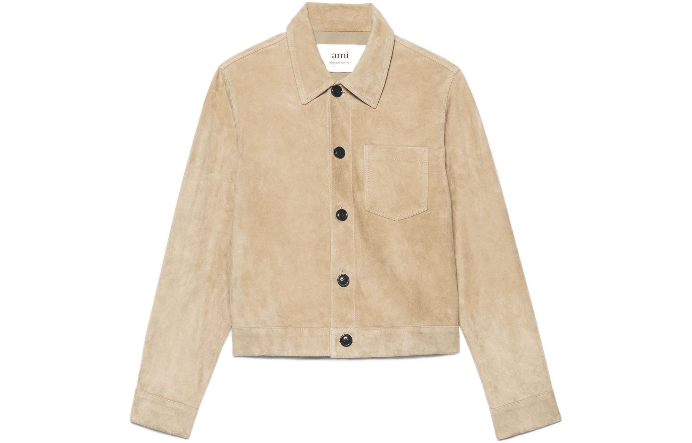 AMI PARIS SS22 Button-Up Suede Long Sleeve Jacket Beige () HJK203503-250