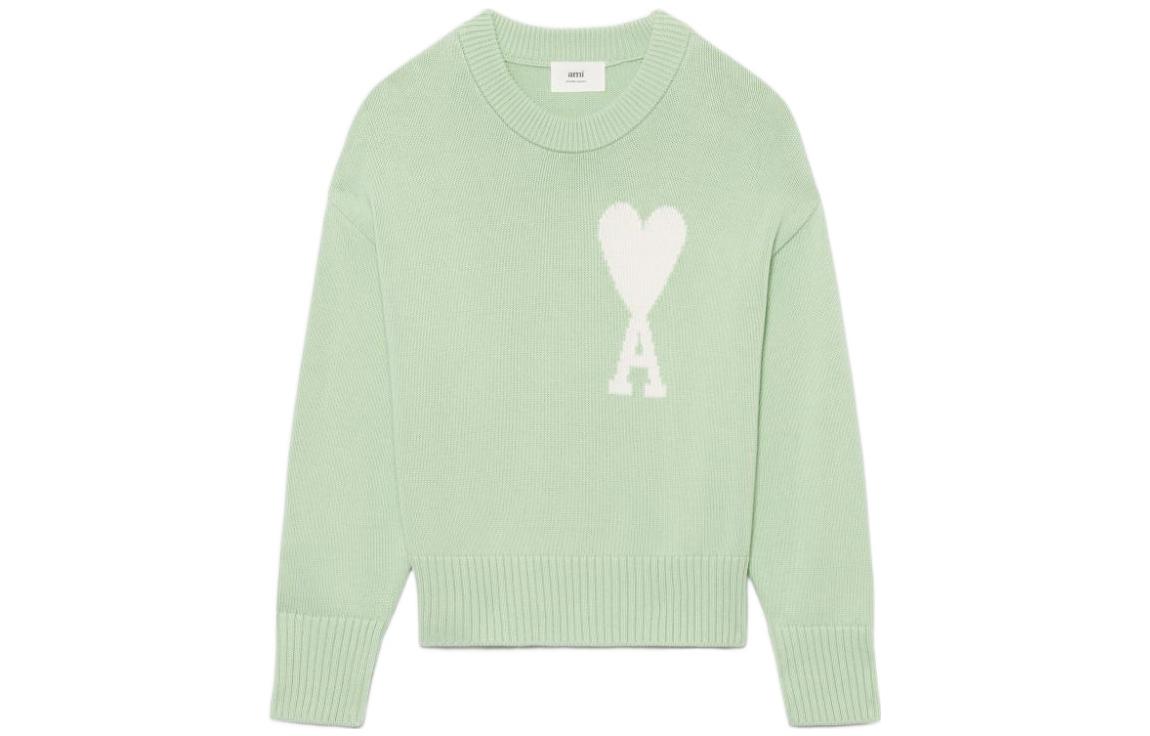 AMI Paris SS22 Green Heart Logo Crewneck Sweater Unisex Couple Style. UKS003016-444