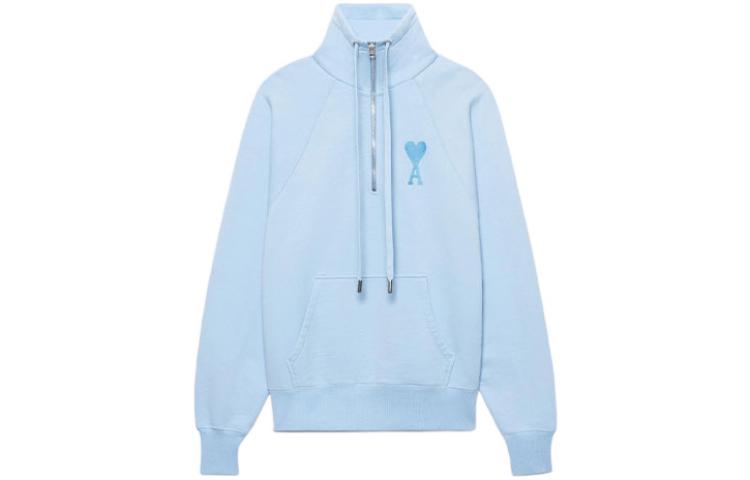 AMI PARIS SS22 Half-Zip Hoodie  Blue with Logo and Heart Design. USW502-747450
