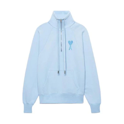 AMI PARIS SS22 Half-Zip Hoodie Blue with Logo and Heart Design. USW502-747450