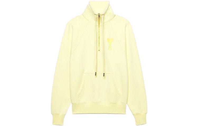 AMI Paris SS22 Half-Zip Pullover Hoodie with Logo Heart Design Yellow . USW502-747703
