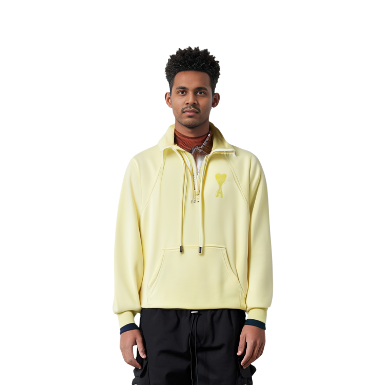 Shop 아미 파리 SS22 로고 하트 디자인 옐로우 하프집 풀오버 후디. USW502-747703