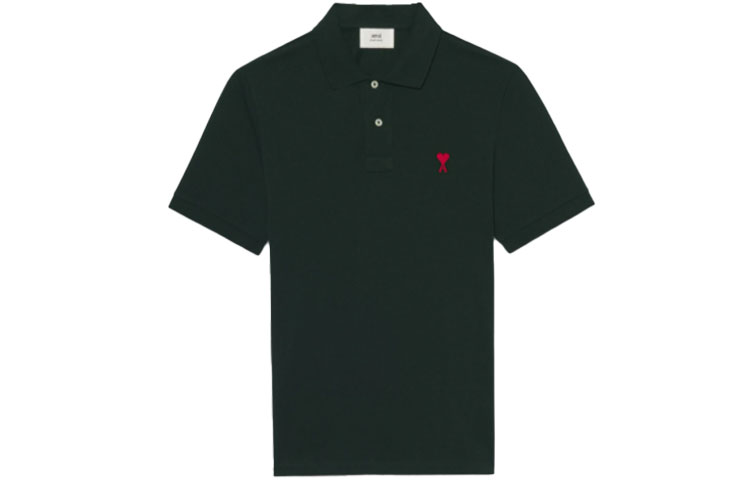 AMI Paris SS22 Heart Logo Embroidered Green Polo Shirt for Men. HPL001760-311