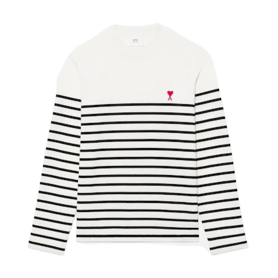 AMI Paris SS22 Heart Logo Knit Long Sleeve T-Shirt Black White Stripes Mens. UTS300072-101