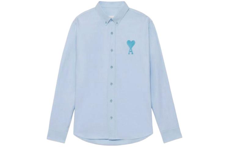 AMI PARIS SS22 Logo Heart Candy Color Pleated Shirt Unisex Long Sleeve Blue HSH124480-450