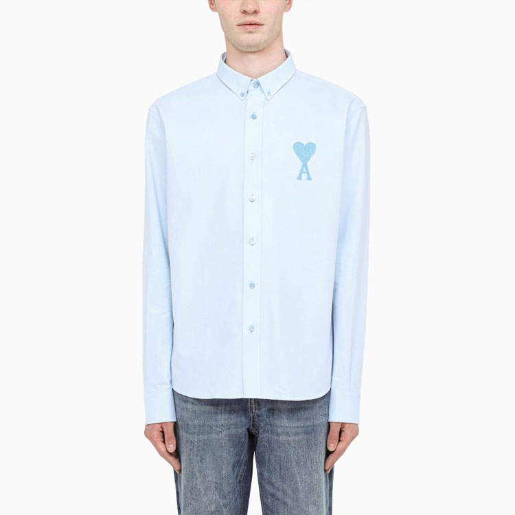 Shop AMI PARIS SS22 Kemeja Pleated Logo Heart Warna Pastel Unisex Lengan Panjang Biru HSH124480-450