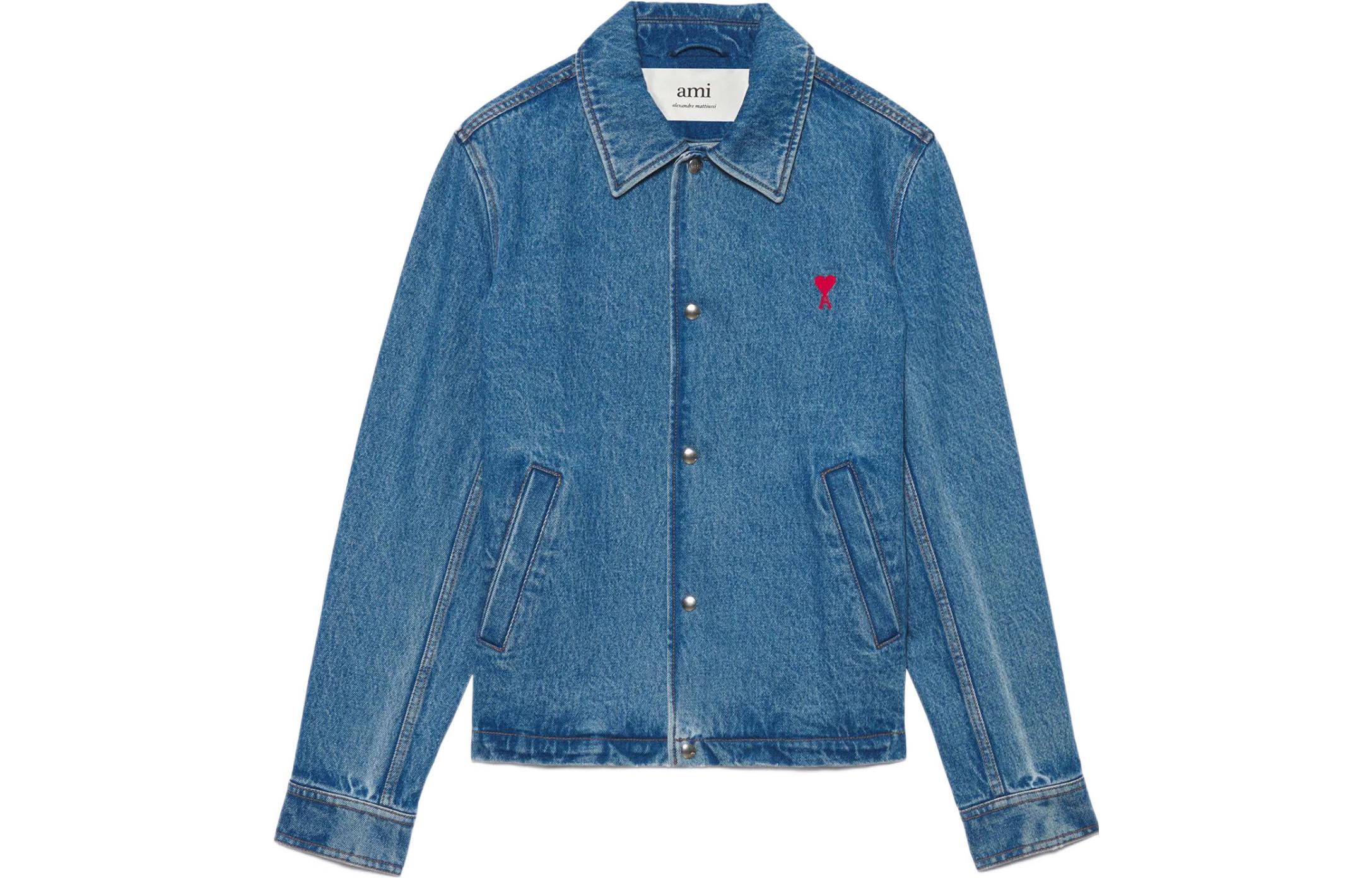 AMI PARIS SS22 Logo Heart Embroidered Washed Denim Jacket Unisex Blue HJK205603-448