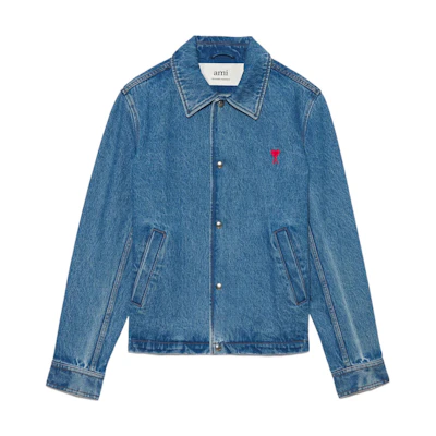 AMI PARIS SS22 Logo Heart Embroidered Washed Denim Jacket Unisex Blue HJK205603-448